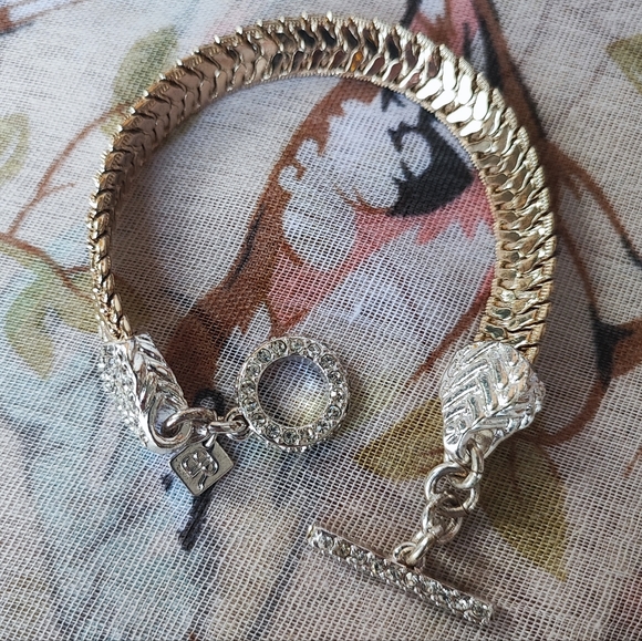 Herringbone Gold & Silver Tone Clear Rhinestone Banana Republic Toggle Bracelet - Picture 2 of 9